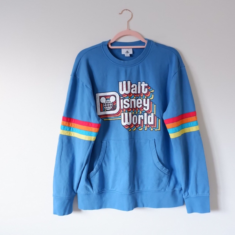 Retro Blue Walt Disney World Pocket Sweatshirt Rainbow Stripes